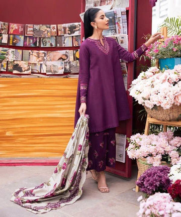3- Piece Embroidered Dhanak Dress with Shawl